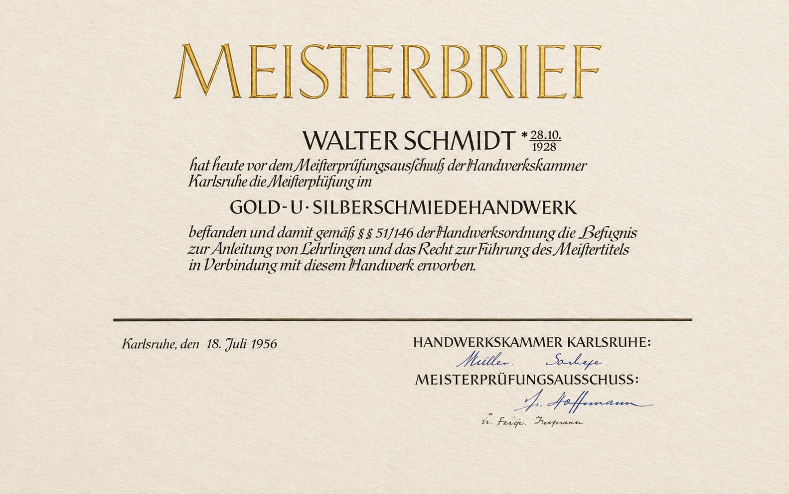 Meisterbrief Walter Schmidt senior, ausgestellt von der Handwerkskammer Karlsruhe am 18. Juli 1956. Quelle: Familienarchiv Walter Schmidt.
